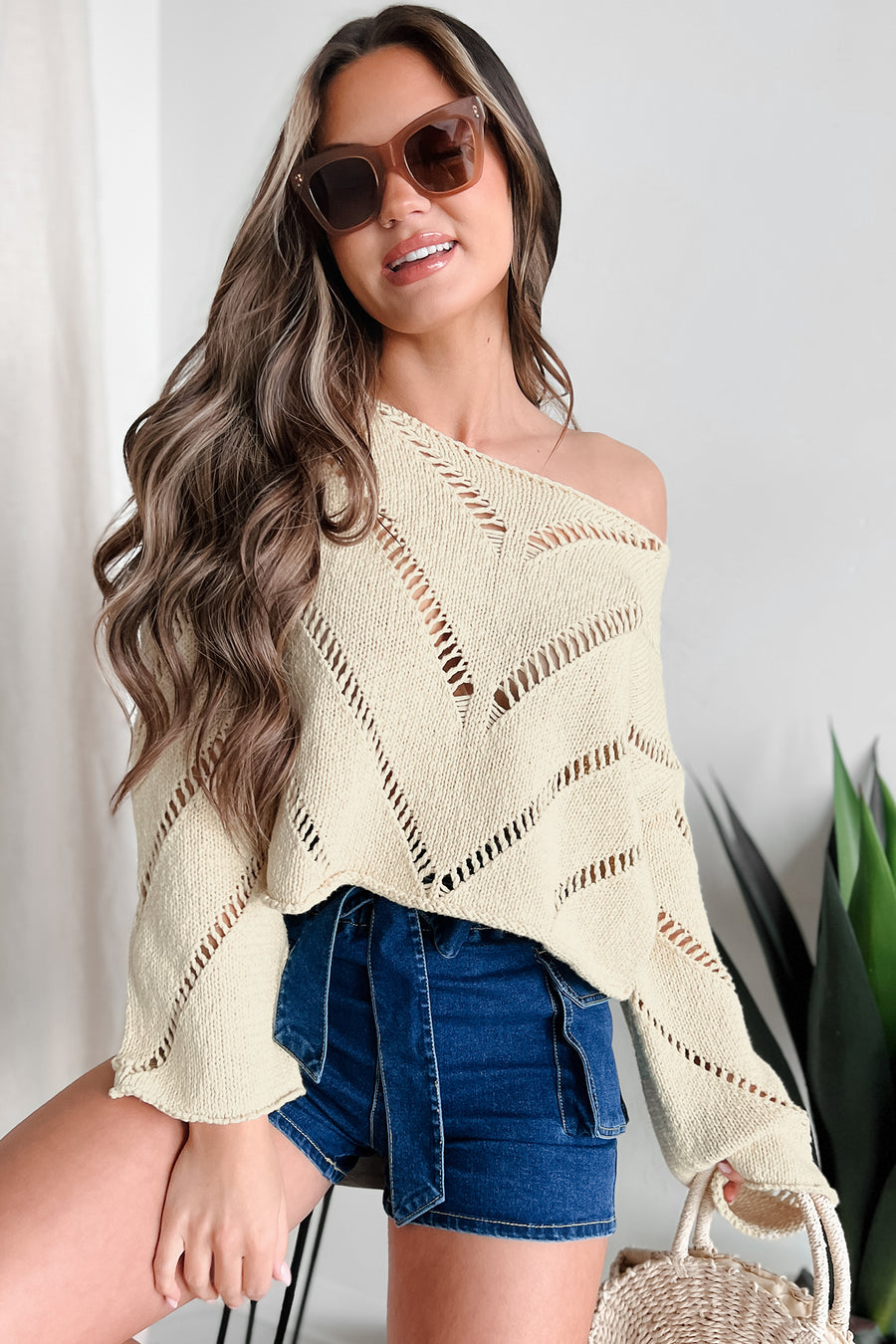 Compliments & Praise Open Knit Crop Sweater (Natural) - NanaMacs