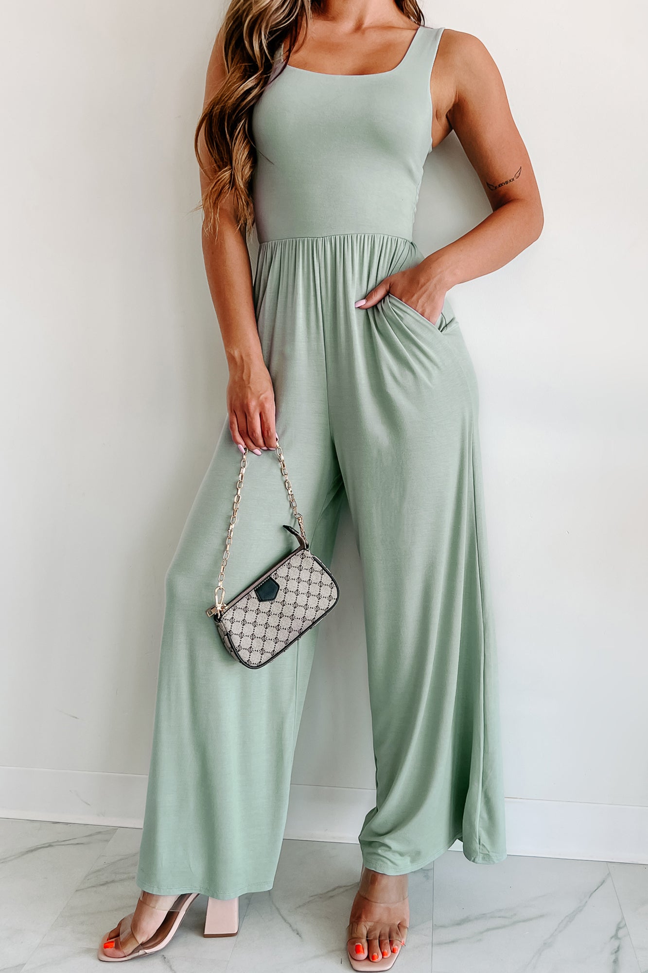 Always Busy Sleeveless Wide Leg Jumpsuit (Dusty Sage) - NanaMacs
