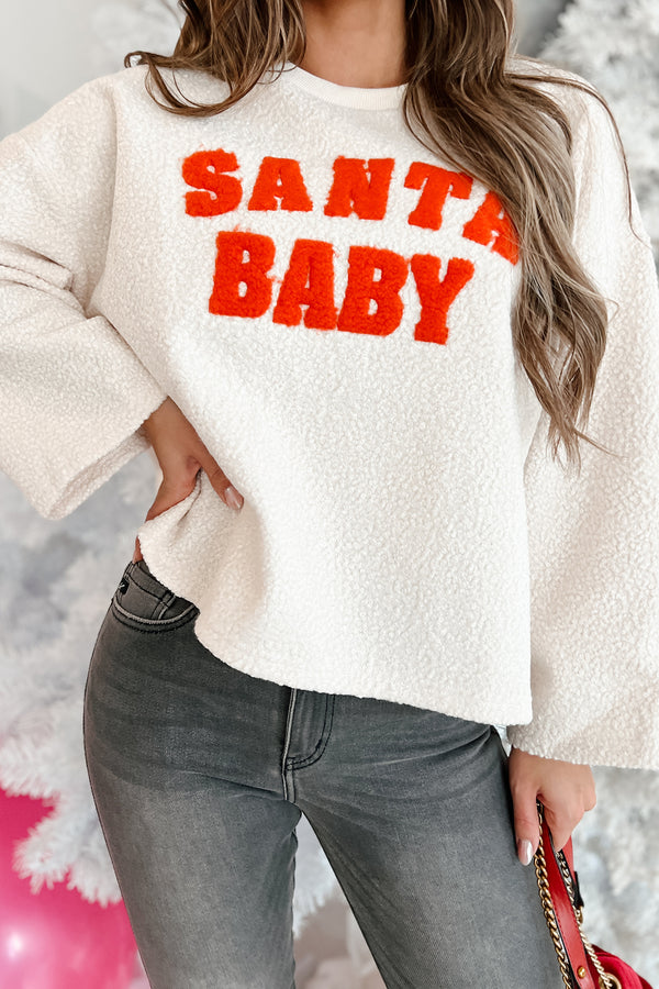 Just You For Christmas "Santa Baby" Sherpa Sweatshirt (Ivory/Orange) - NanaMacs