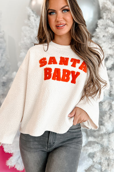 Just You For Christmas "Santa Baby" Sherpa Sweatshirt (Ivory/Orange) - NanaMacs