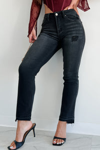 Dawes Mid Rise Uneven Hem Risen Straight Leg Jeans (Black) - NanaMacs