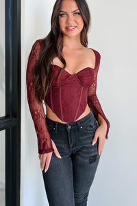 Captivating Presence Lace Bustier Corset Top (Maroon) - NanaMacs