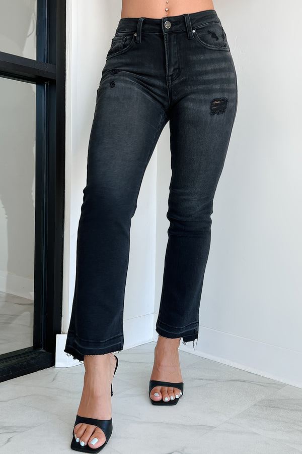 Dawes Mid Rise Uneven Hem Risen Straight Leg Jeans (Black) - NanaMacs