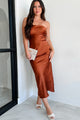 Autumn Elegance Strapless Satin Midi Dress (Rust) - NanaMacs