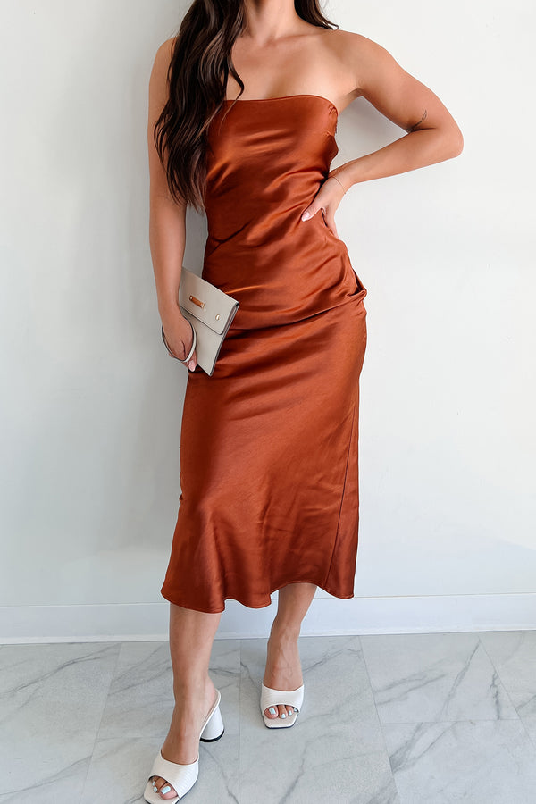 Autumn Elegance Strapless Satin Midi Dress (Rust) - NanaMacs