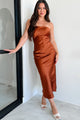 Autumn Elegance Strapless Satin Midi Dress (Rust) - NanaMacs