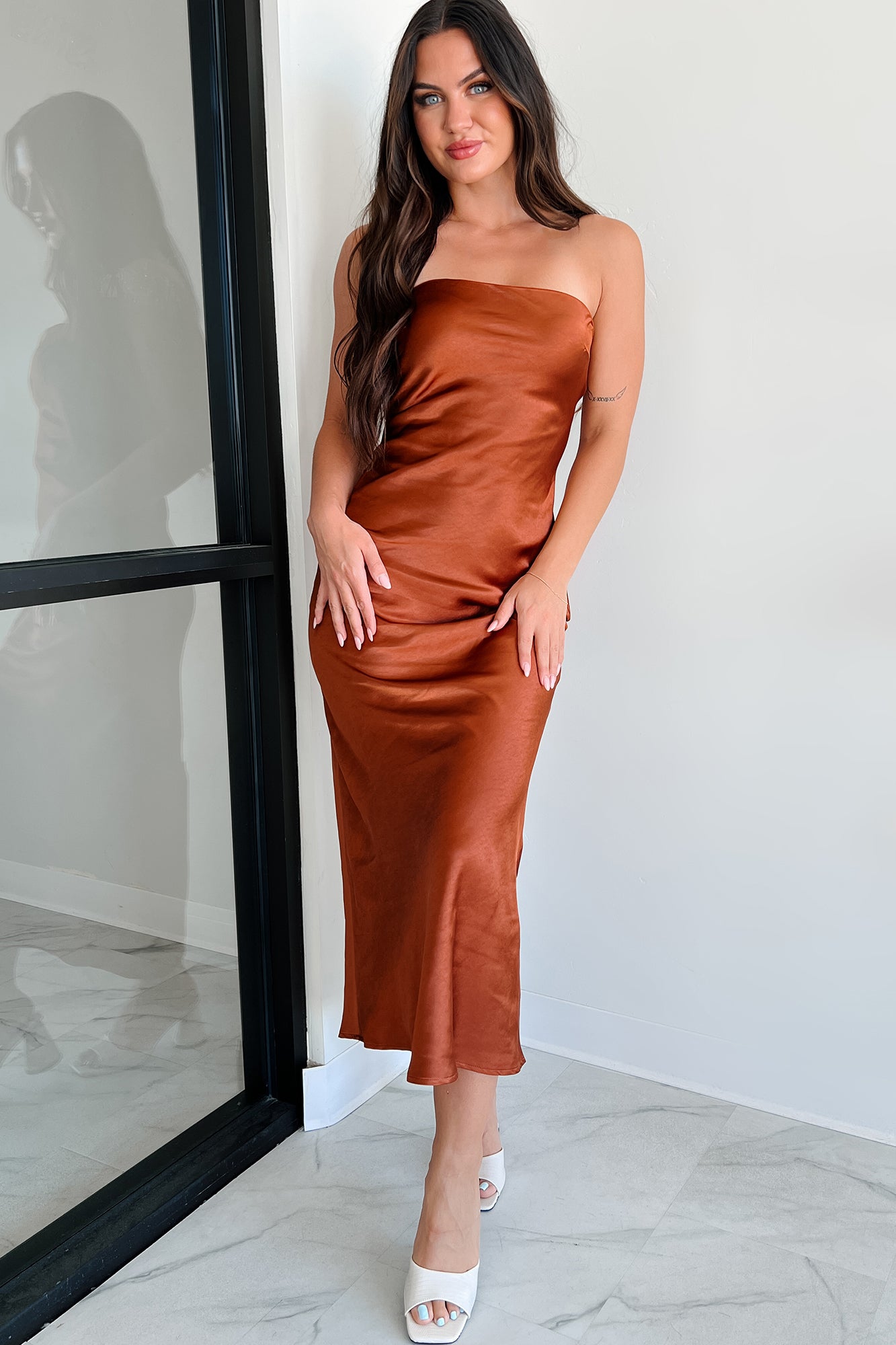 Autumn Elegance Strapless Satin Midi Dress (Rust) - NanaMacs