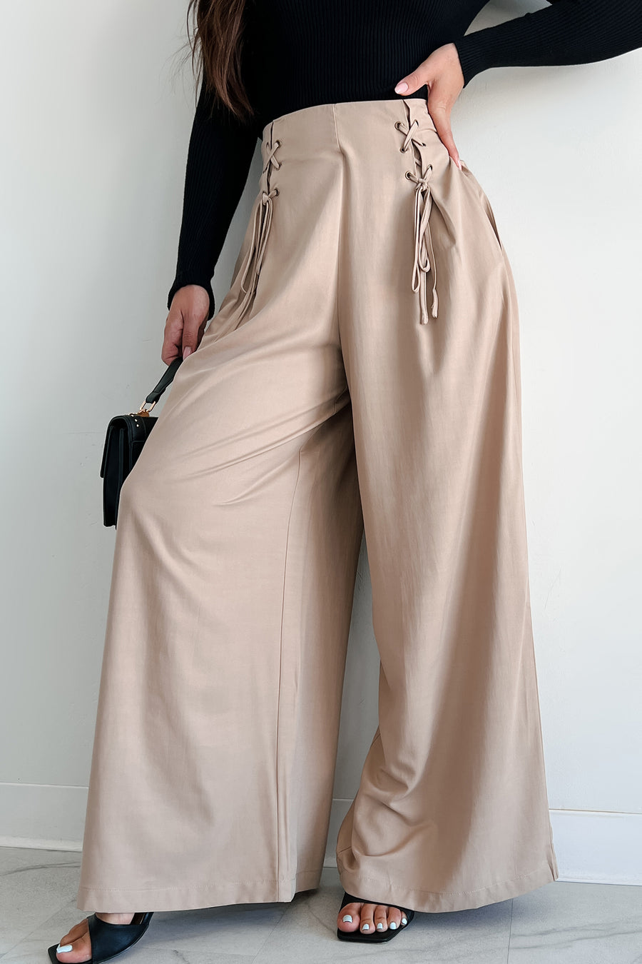 Leave A Message Lace Up Palazzo Pants (Beige) - NanaMacs