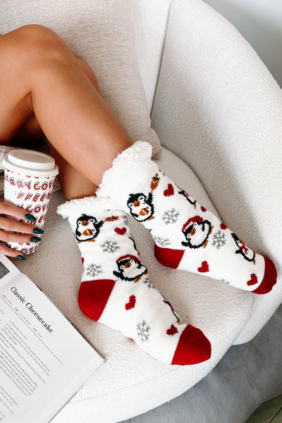 DOORBUSTER Penguin Party Sherpa Lined Holiday Slipper Socks (White Penguin) - NanaMacs