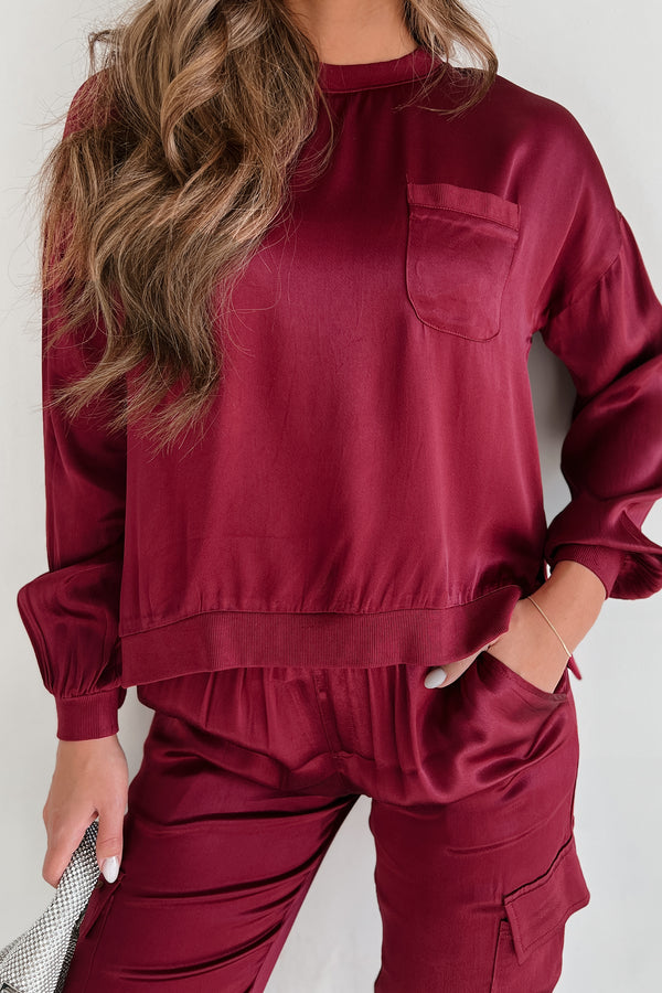 Taking What's Owed Satin Long Sleeve Top (Maroon) - NanaMacs