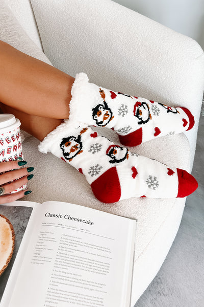 DOORBUSTER Penguin Party Sherpa Lined Holiday Slipper Socks (White Penguin) - NanaMacs