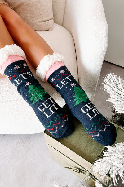 DOORBUSTER Having A Tree-mendous Time Sherpa Lined Holiday Slipper Socks (Navy Tree) - NanaMacs