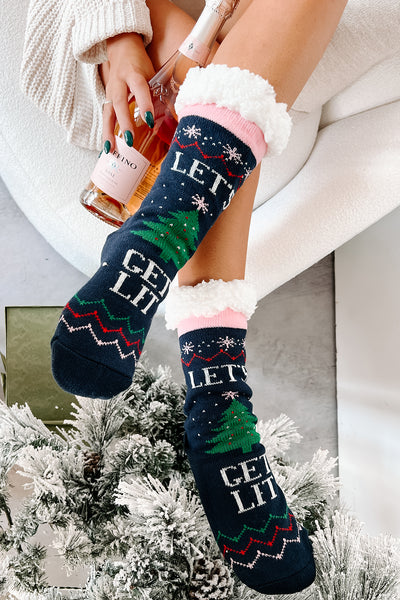 DOORBUSTER Having A Tree-mendous Time Sherpa Lined Holiday Slipper Socks (Navy Tree) - NanaMacs