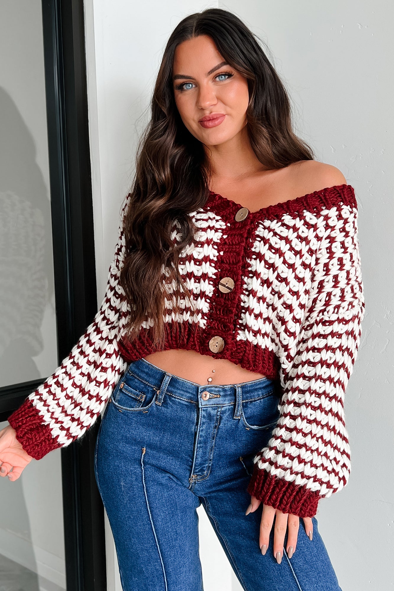 Easy Aspirations Chunky Striped Cardigan (Burgundy/White)