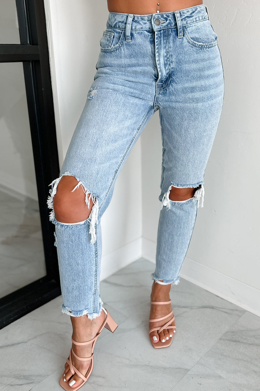 Alaina High Rise Distressed Boyfriend Jeans (Light Denim) - NanaMacs