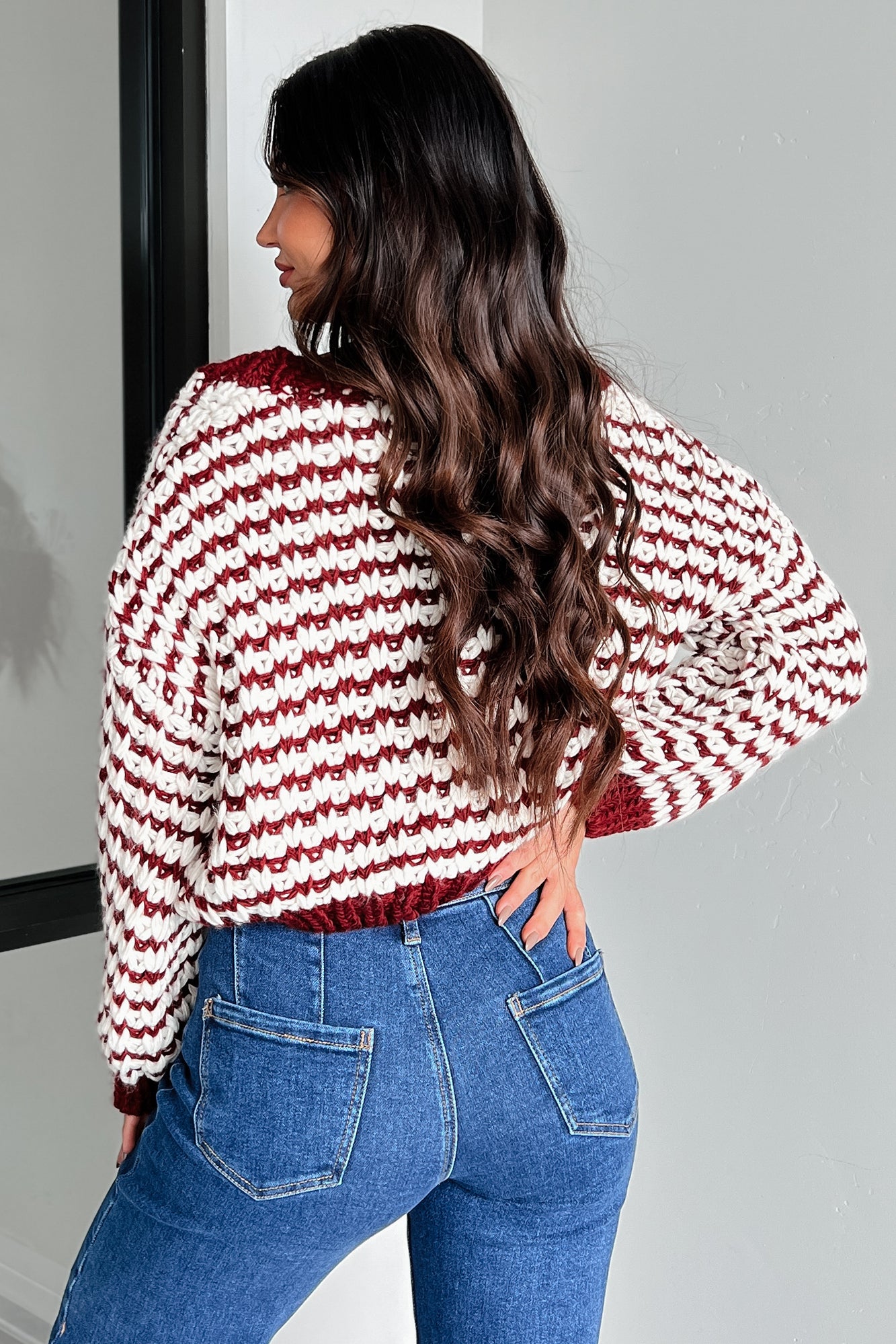 Easy Aspirations Chunky Striped Cardigan (Burgundy/White) - NanaMacs