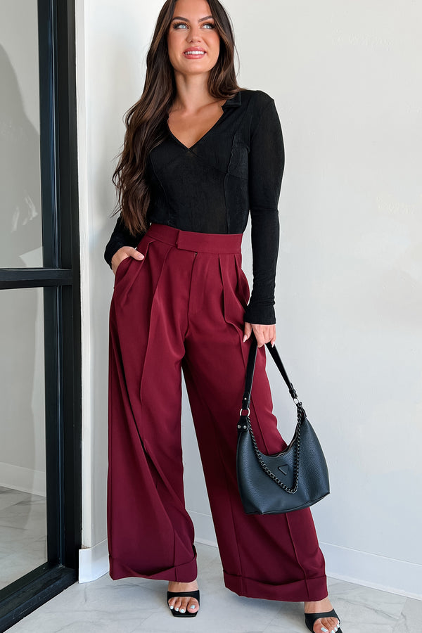 Wall Street Wanna Be Pleated Wide Leg Pants (Wine) - NanaMacs