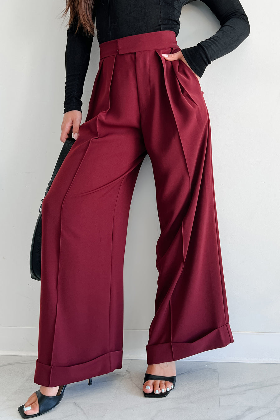 Wall Street Wanna Be Pleated Wide Leg Pants (Wine) - NanaMacs