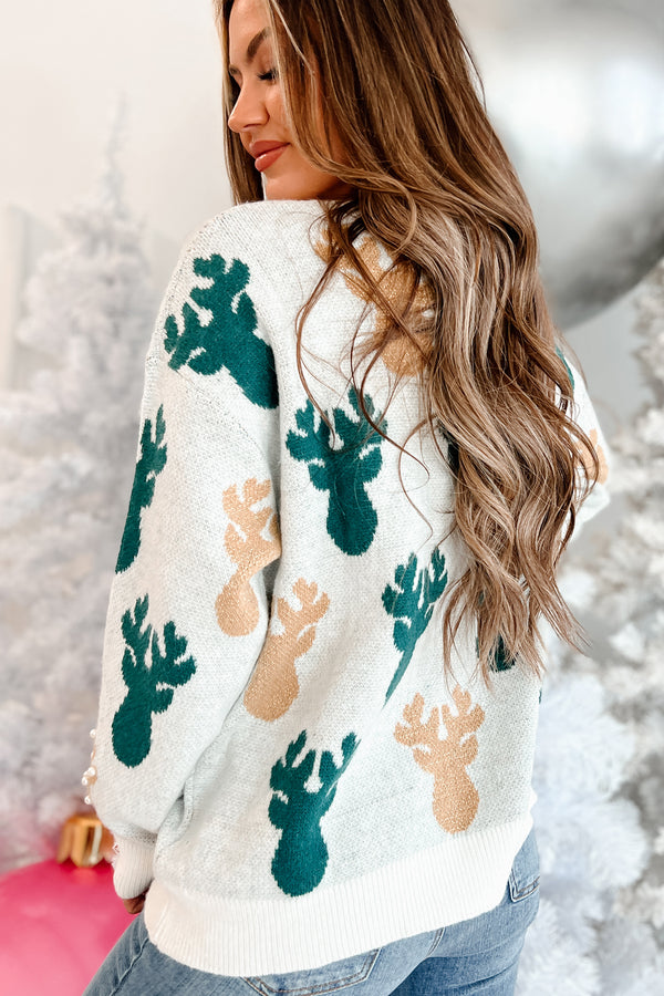 Sleighing The Game Pearl Beaded Holiday Sweater (Ivory/Hunter) - NanaMacs