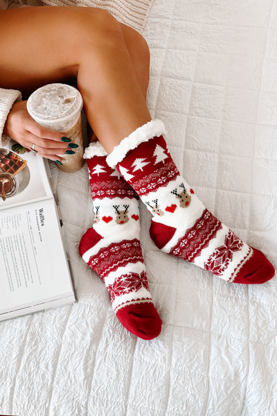 DOORBUSTER I Deerly Love Christmas Sherpa Lined Slipper Socks (Red Christmas) - NanaMacs