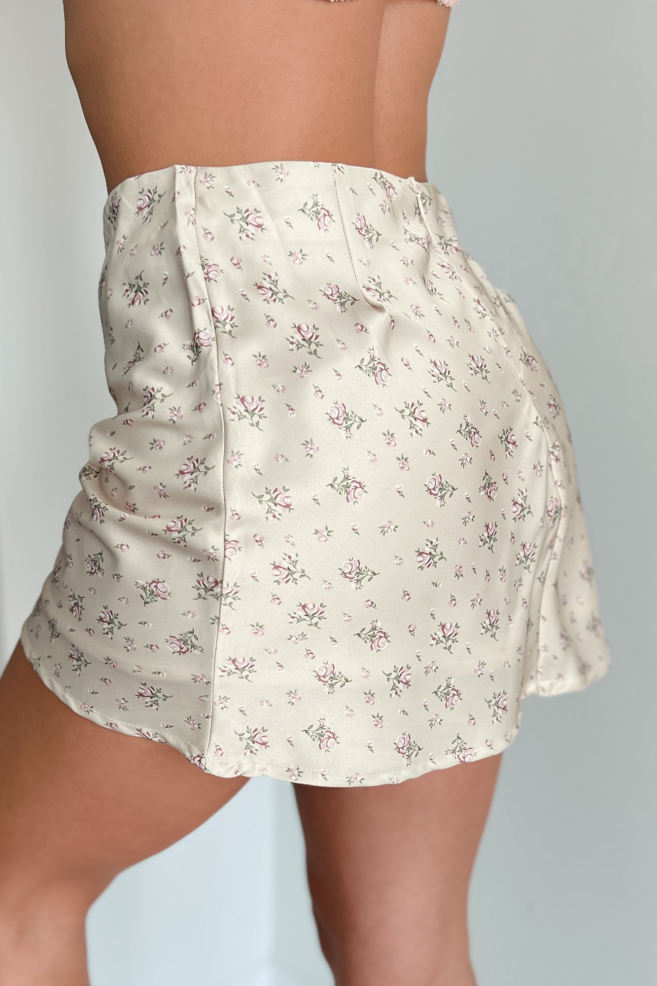 Watch And Learn Floral Satin Mini Skirt Light Tan NanaMacs