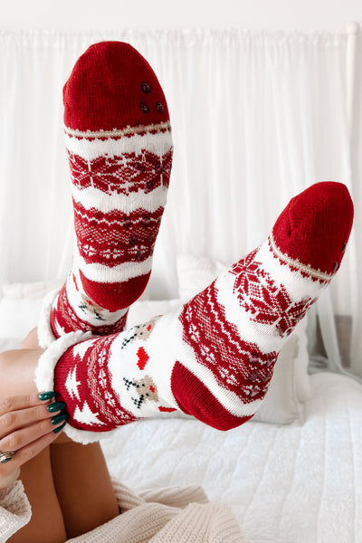 DOORBUSTER I Deerly Love Christmas Sherpa Lined Slipper Socks (Red Christmas) - NanaMacs