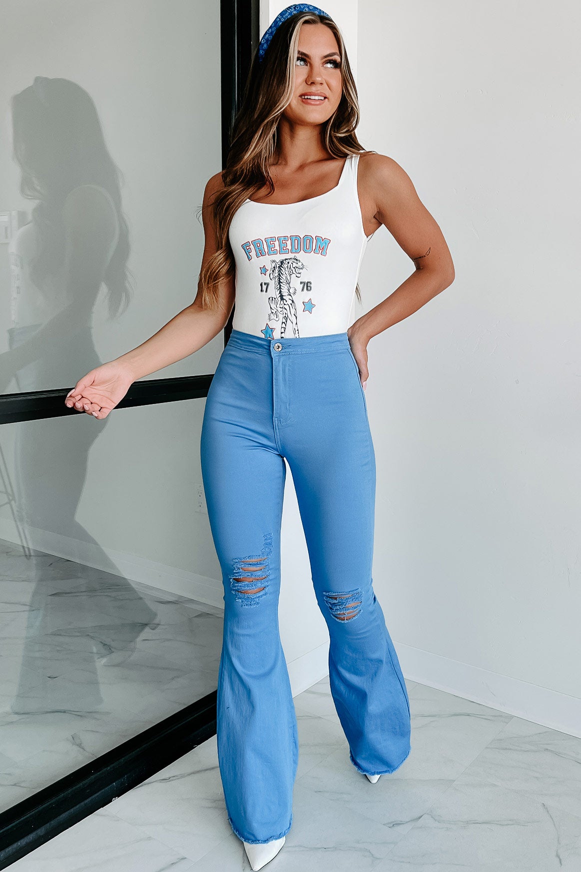 Keeping You Pleased High Rise Distressed Flare Jeans (Sky Blue) - NanaMacs