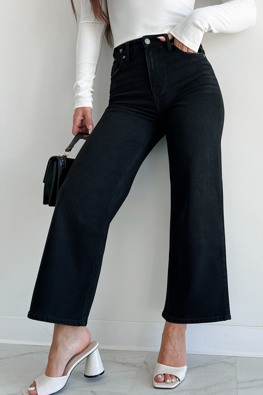 Caruso High Rise Wide Leg Kancan Crop Jeans (Black) - NanaMacs