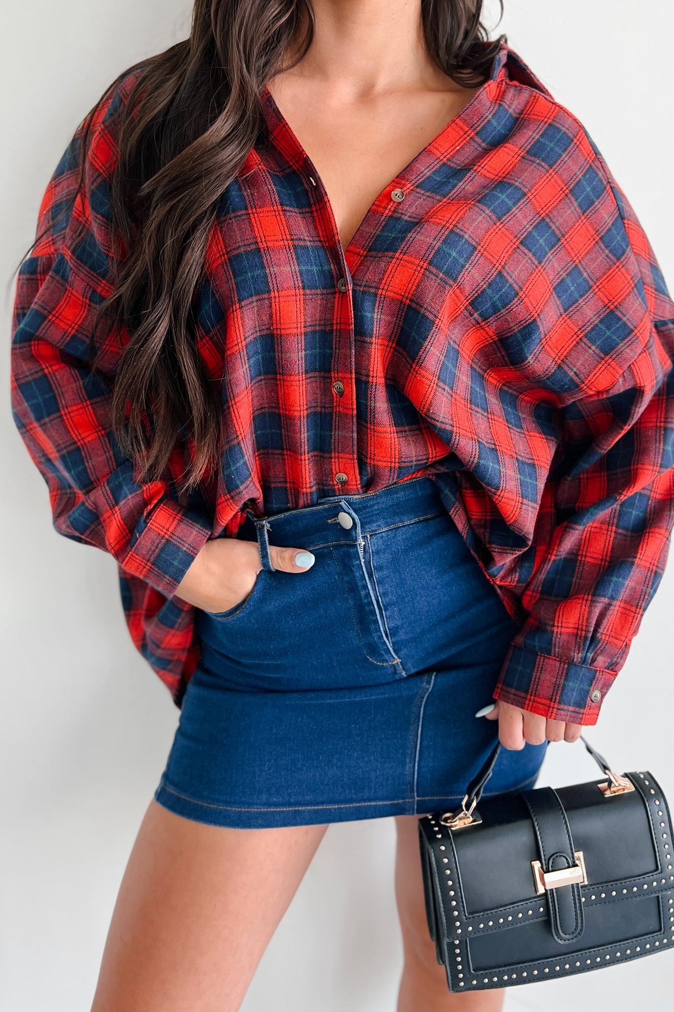 Tamsin Oversized Plaid Button Up Shirt (Red) - NanaMacs