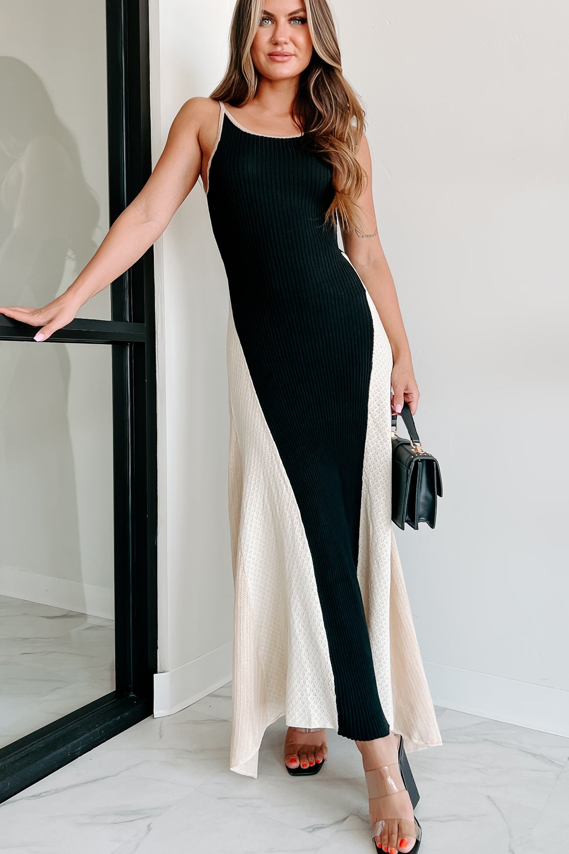 Deeper Connections Mixed Knit Colorblock Maxi Dress (Black) - NanaMacs