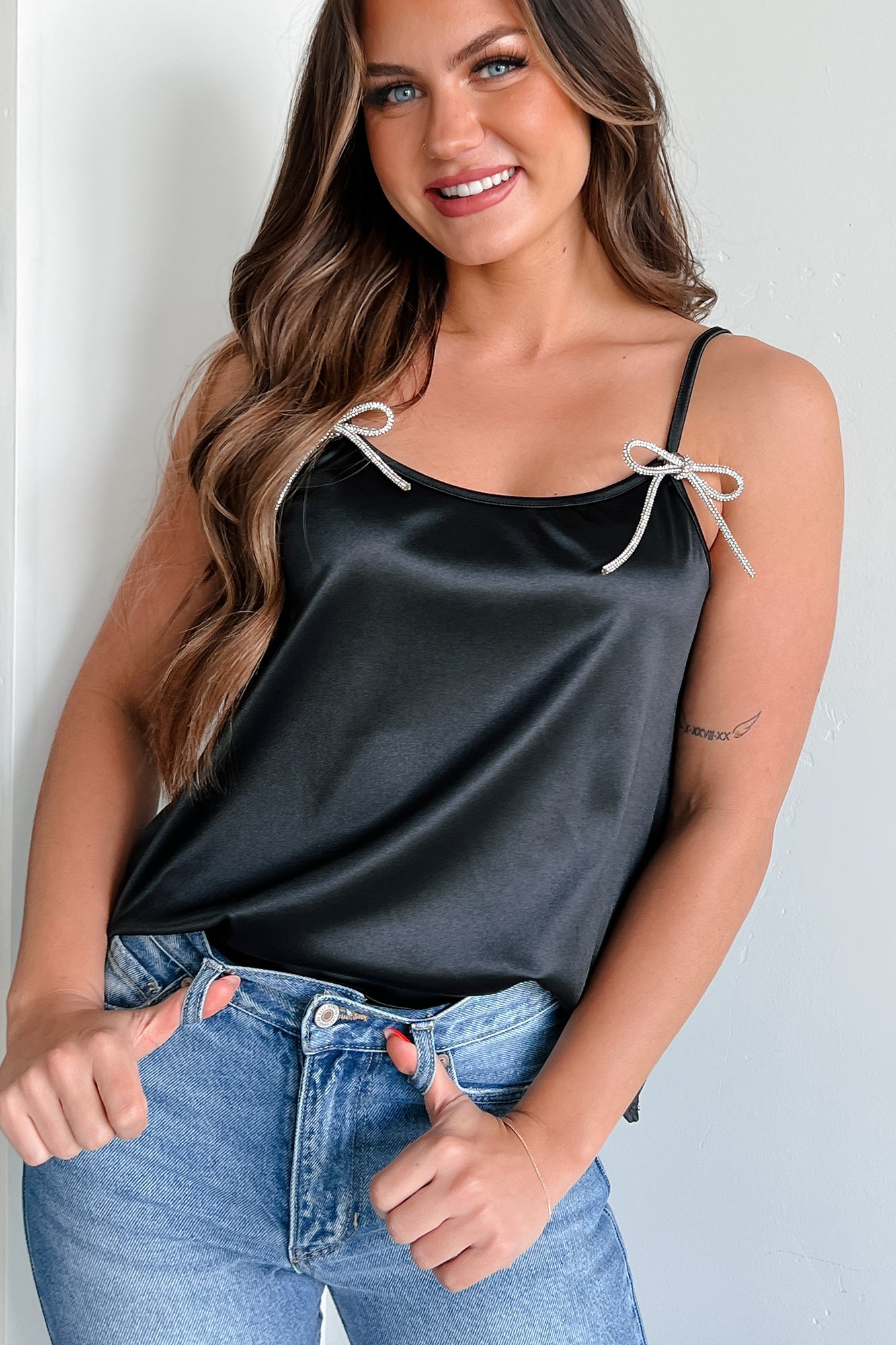 Add A Little Bling Satin Rhinestone Bow Tank Top (Black) - NanaMacs