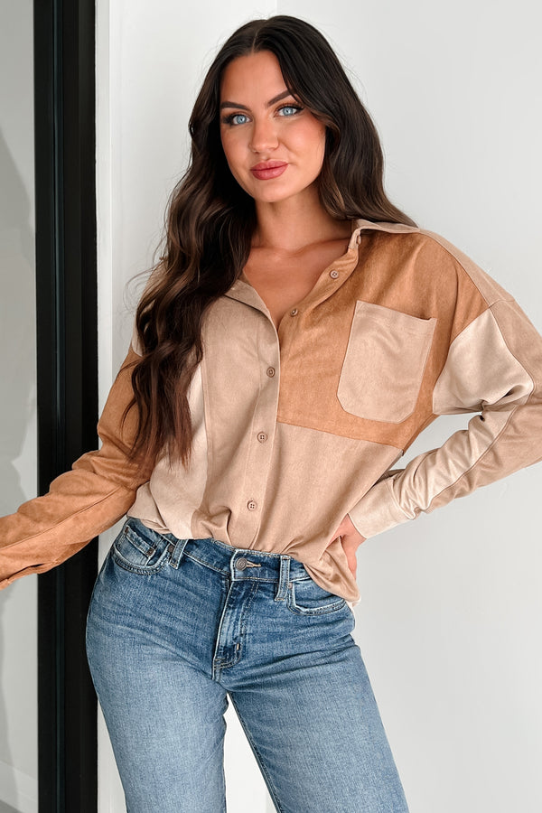 Figuring Things Out Faux Suede Colorblock Shirt (Taupe Mix) - NanaMacs