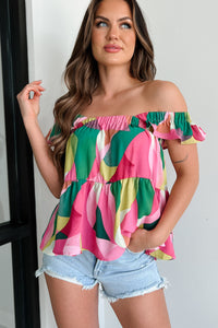 Strawberry Fields Printed Ruffle Babydoll Top (Fuchsia) - NanaMacs