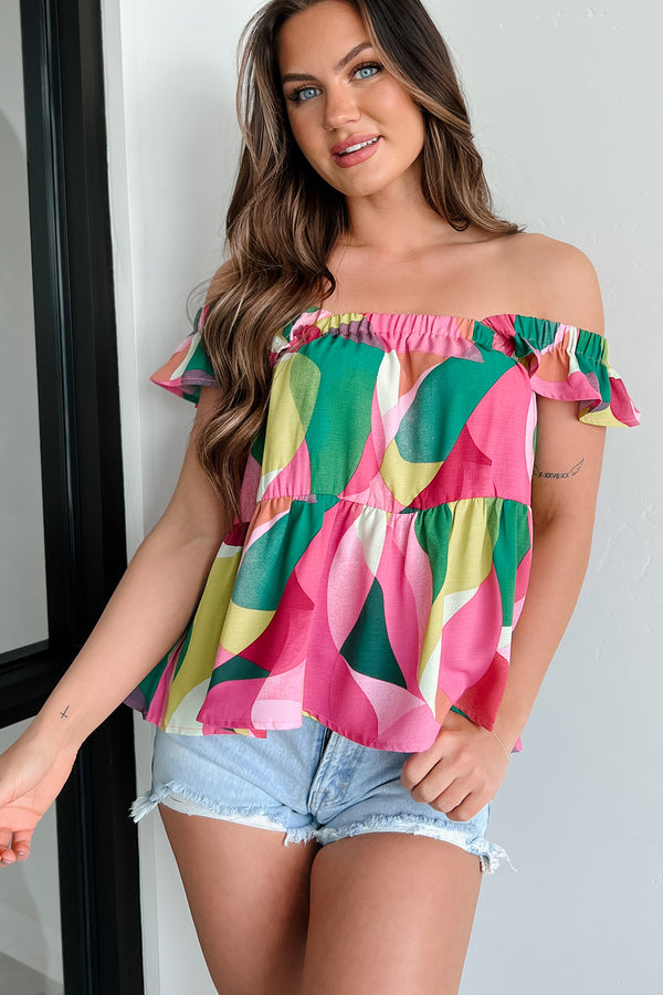 Strawberry Fields Printed Ruffle Babydoll Top (Fuchsia) - NanaMacs