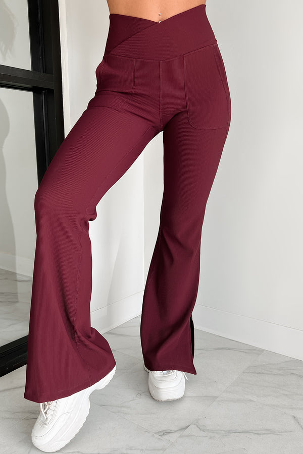 Fierce Competitor Cross-Waist Flared Leggings (Wine) - NanaMacs