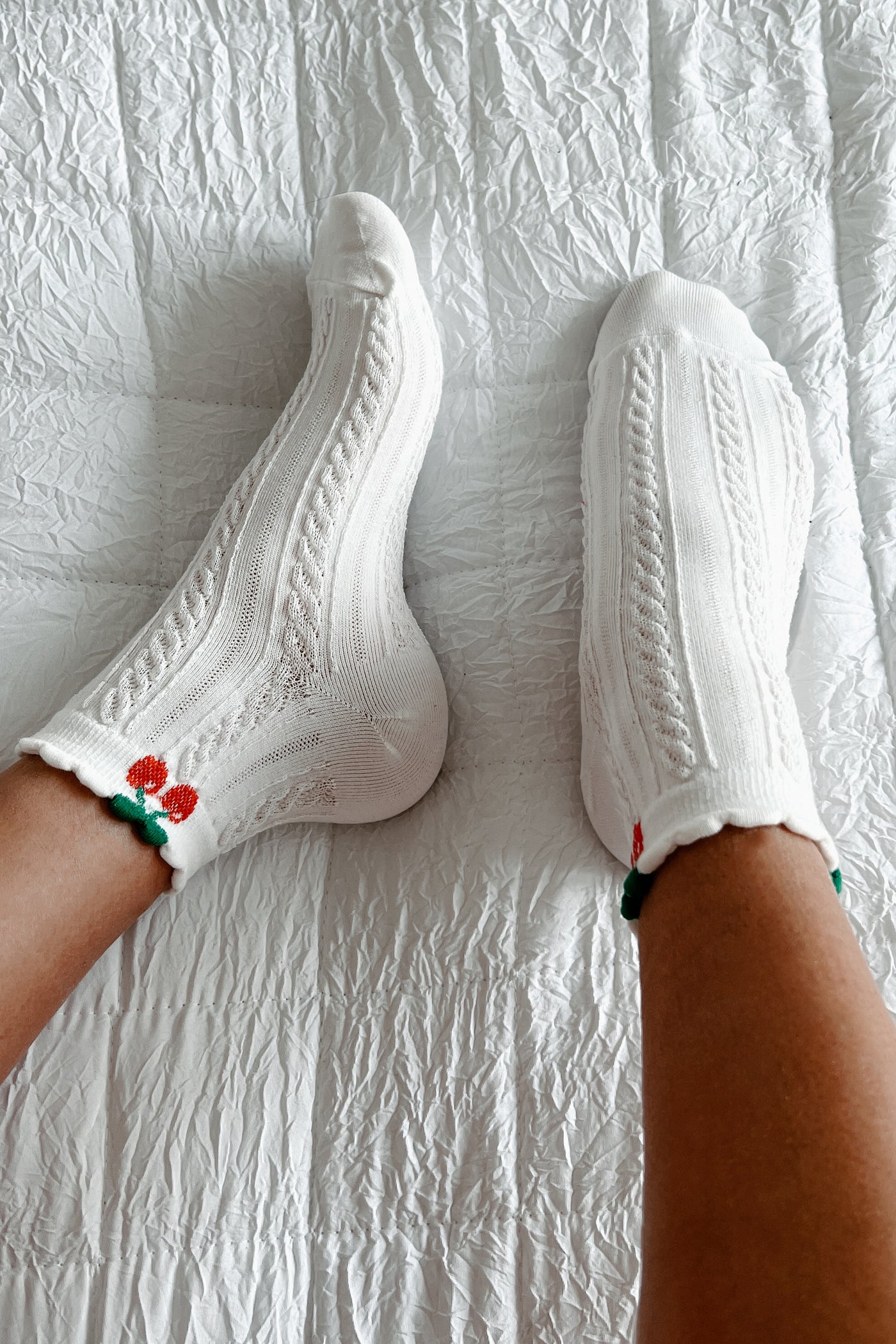 Maraschino Mood Cherry Ankle Socks (White) - NanaMacs