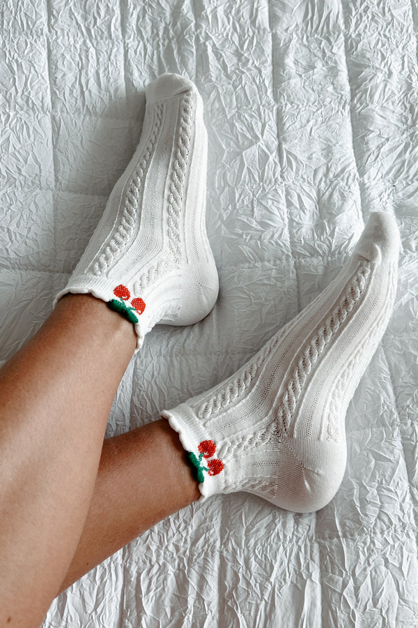 Maraschino Mood Cherry Ankle Socks (White) - NanaMacs