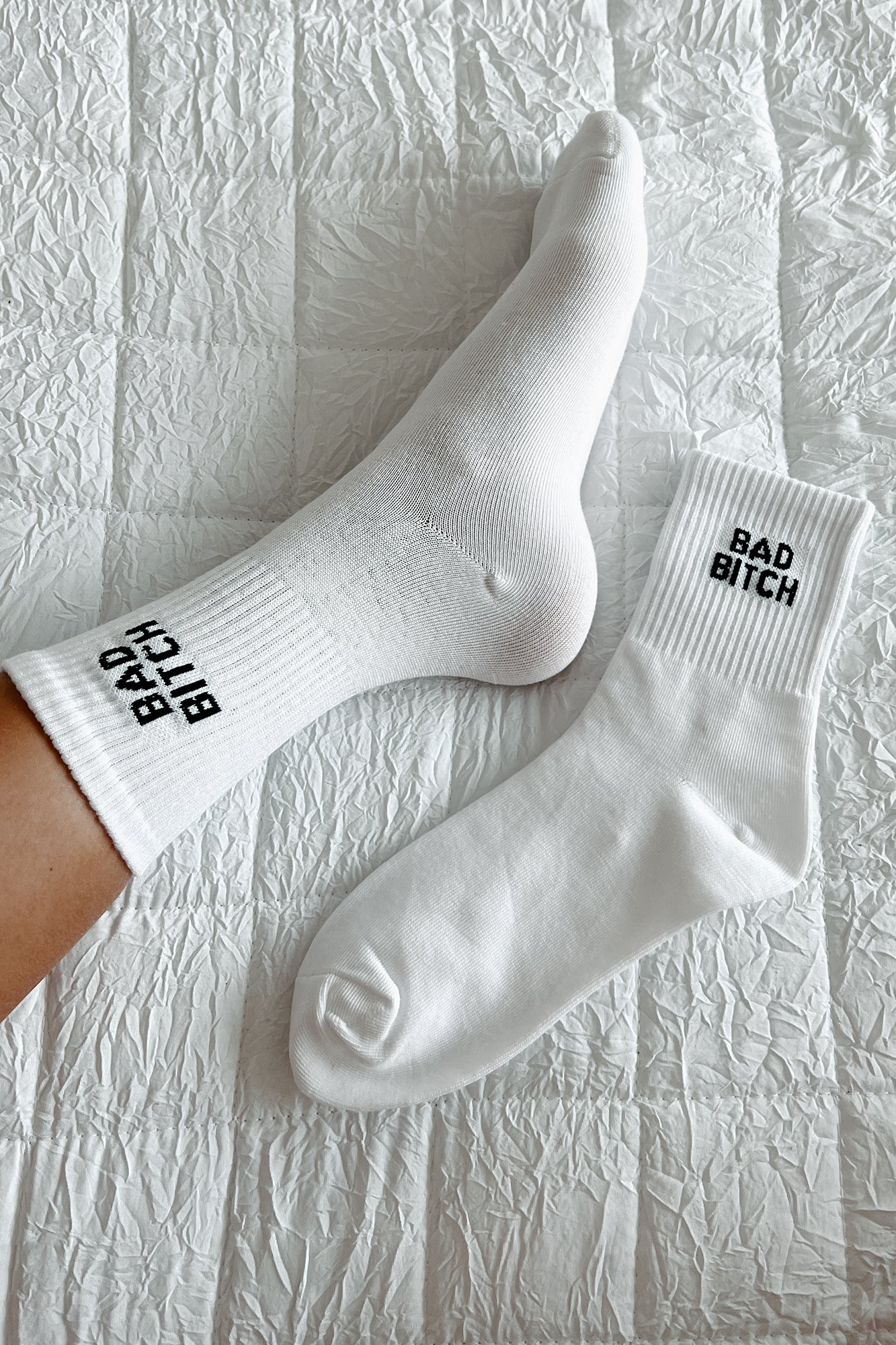 "Bad Bitch" Ribbed Crew Socks (White) - NanaMacs