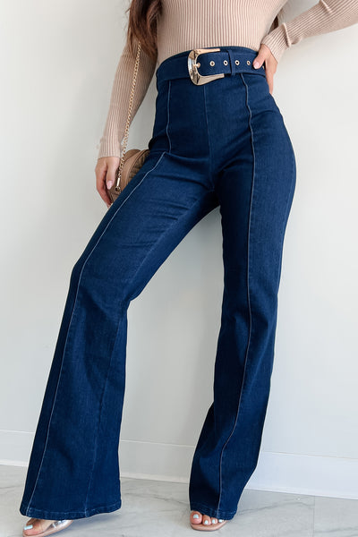 Fredericka Belted Denim High Waist Pants (Dark Wash) - NanaMacs