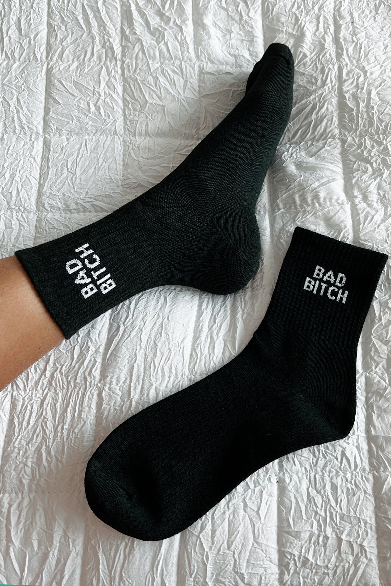 "Bad Bitch" Ribbed Crew Socks (Black) - NanaMacs