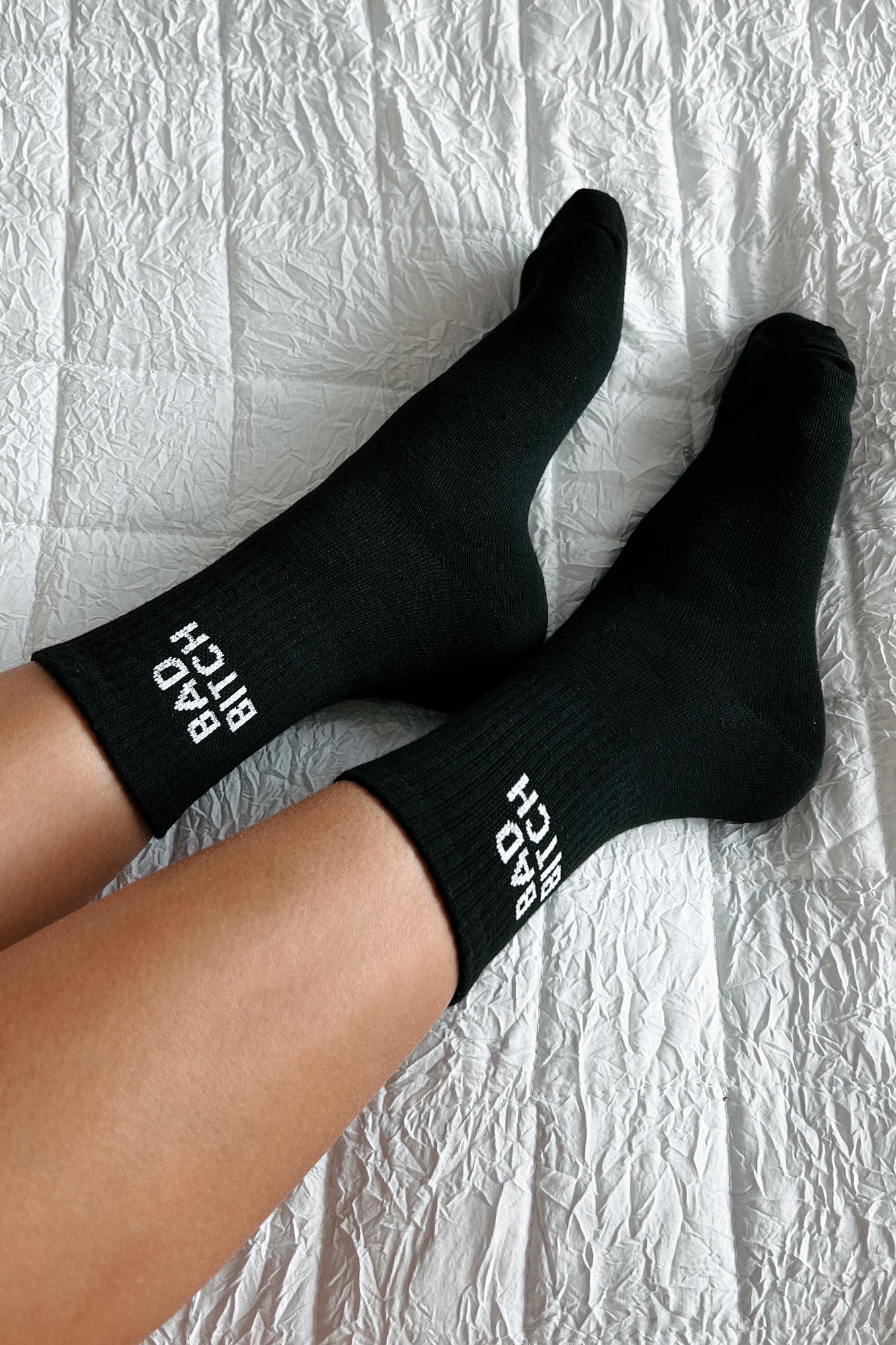 "Bad Bitch" Ribbed Crew Socks (Black) - NanaMacs