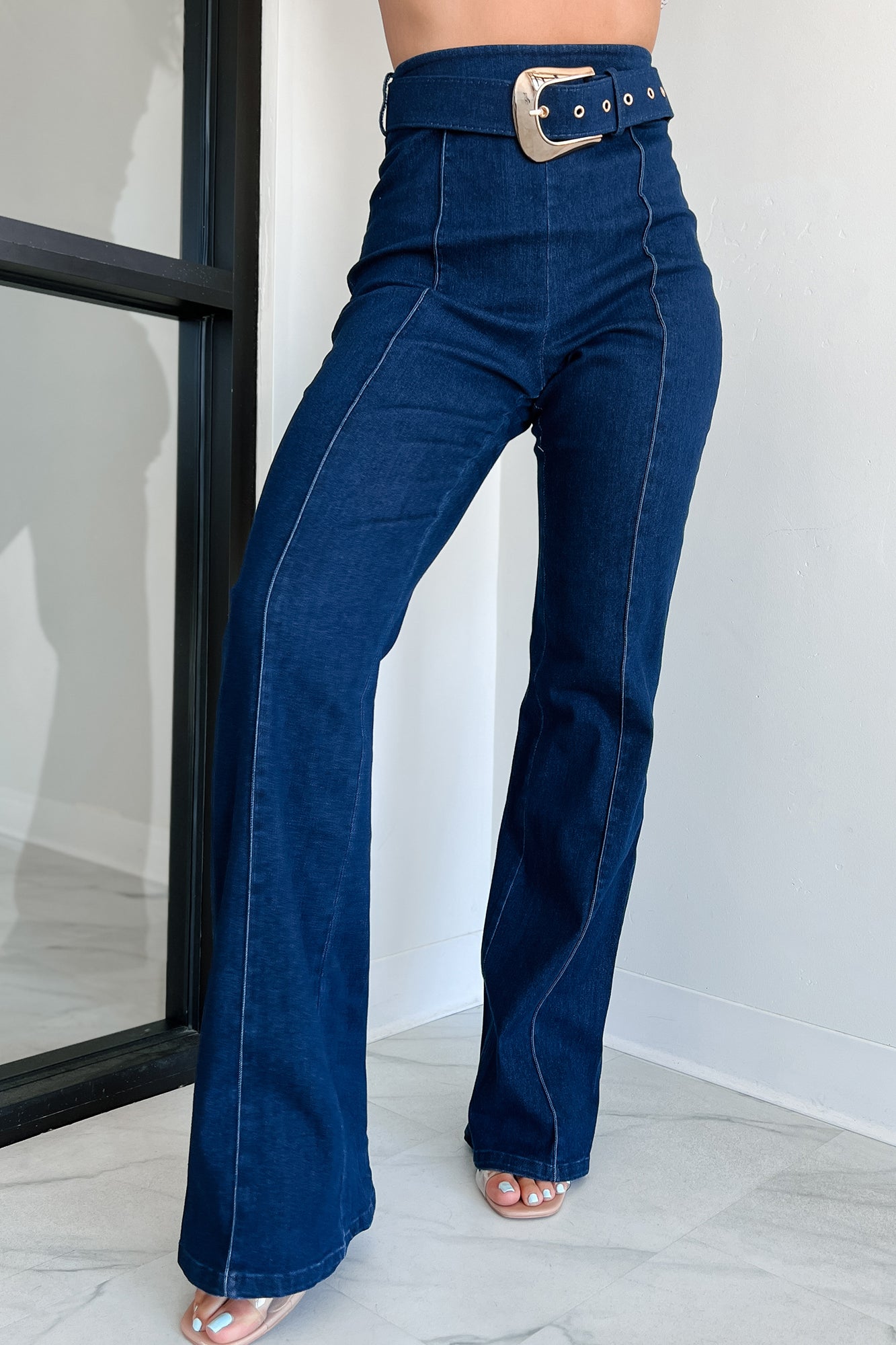 Fredericka Belted Denim High Waist Pants (Dark Wash) - NanaMacs