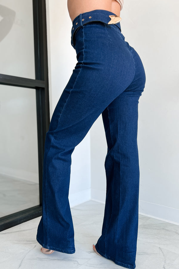 Fredericka Belted Denim High Waist Pants (Dark Wash) - NanaMacs