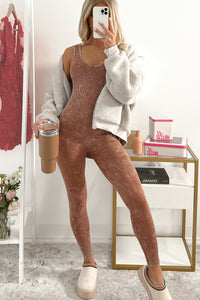 Pilates Then Brunch Mineral Wash Ribbed Catsuit (Deep Camel) - NanaMacs