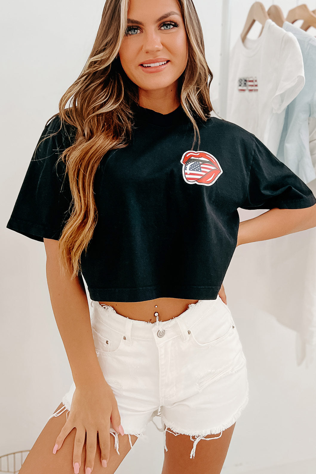 Tongues Out Oversized Graphic Crop Tee (Black) - Print On Demand - NanaMacs