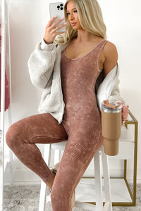 Pilates Then Brunch Mineral Wash Ribbed Catsuit (Deep Camel) - NanaMacs