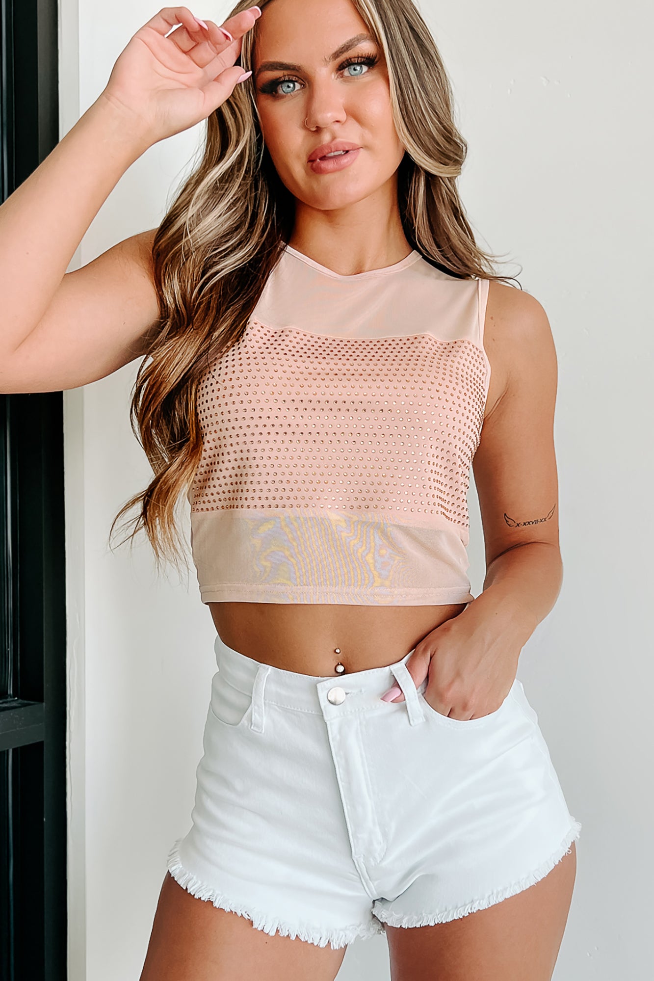 Sold Out Show Rhinestone Mesh Crop Top (Taupe) - NanaMacs