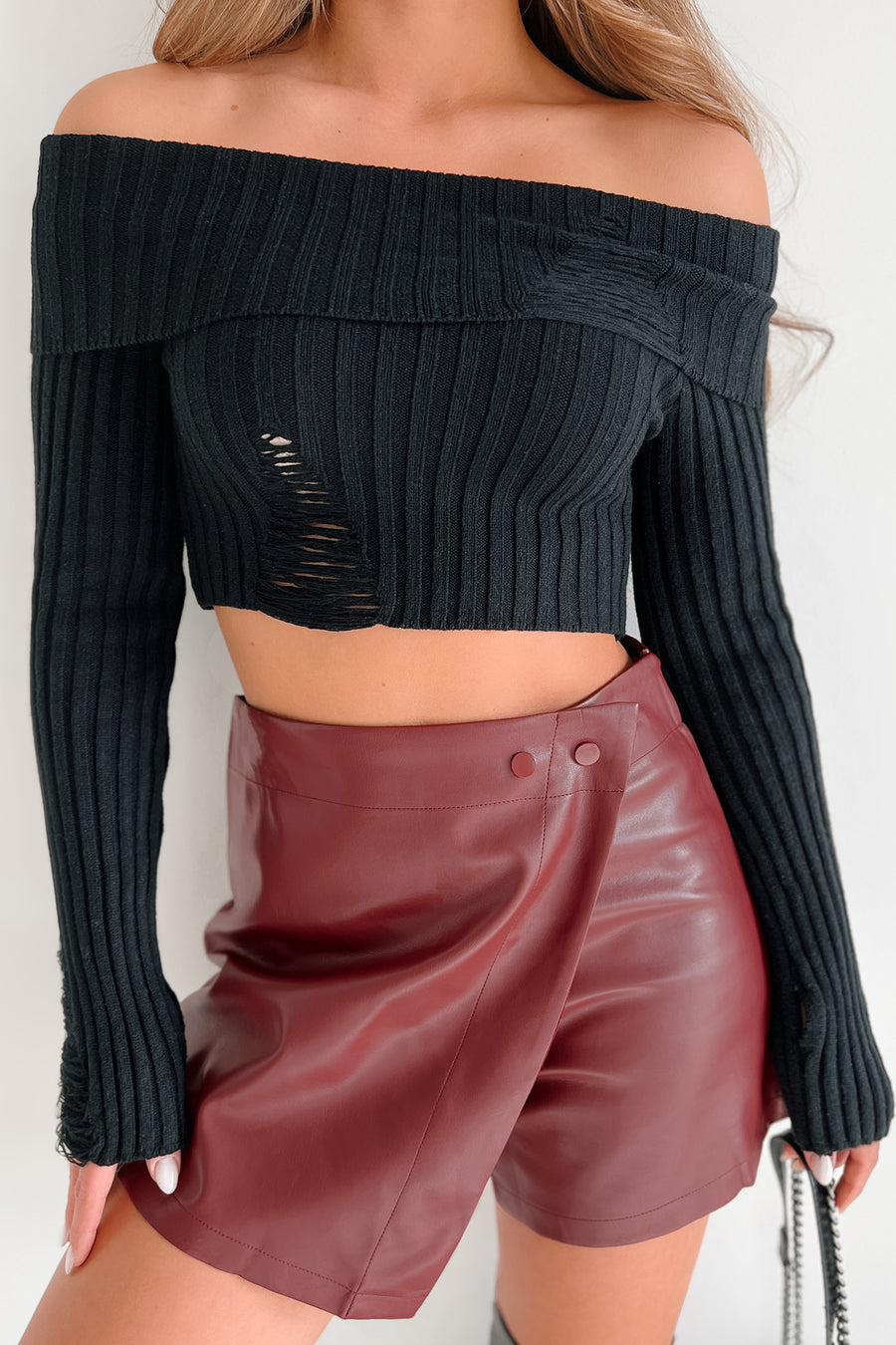 Edgy Instinct Off The Shoulder Distressed Crop Sweater (Black) - NanaMacs