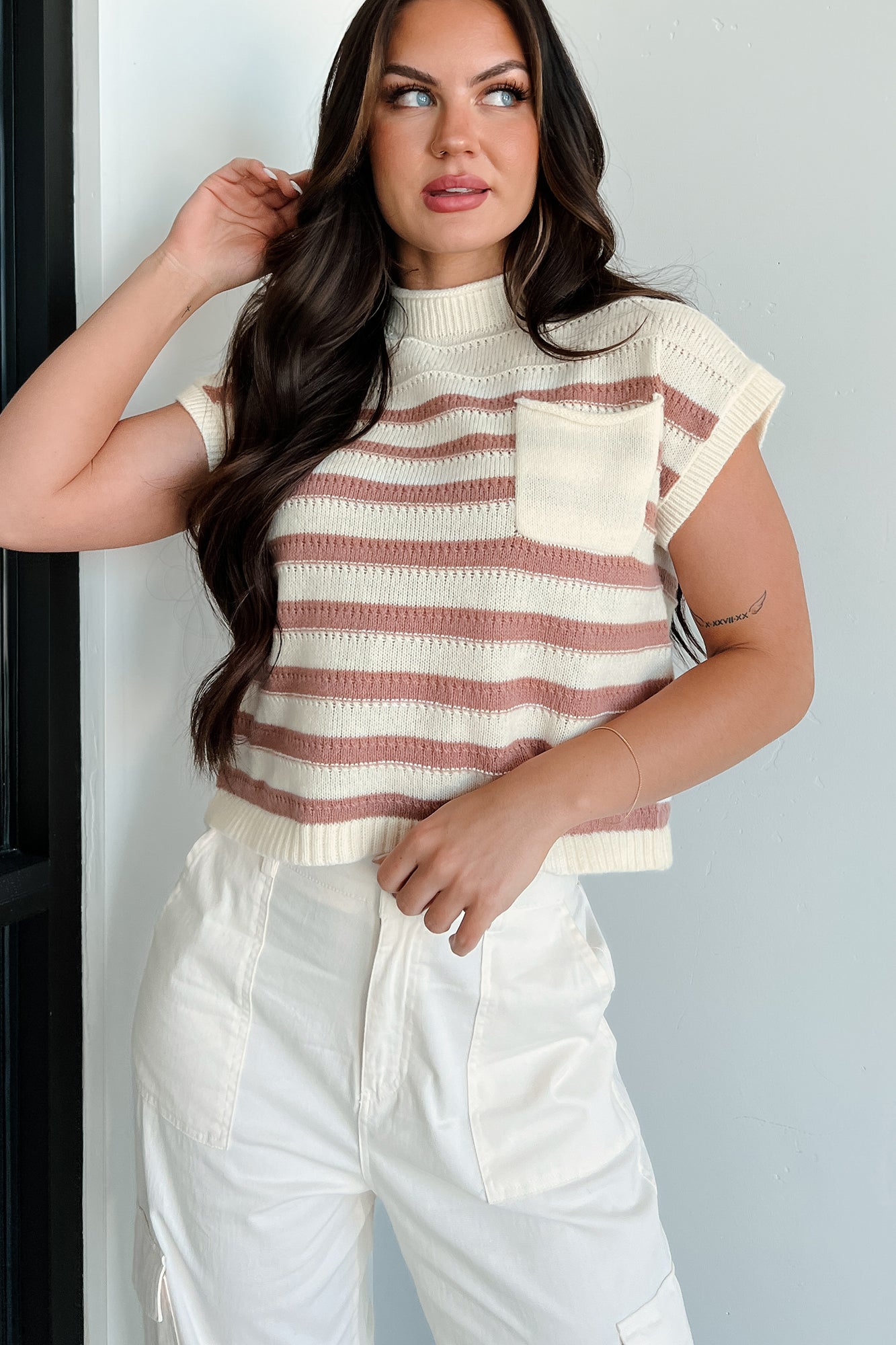 Showing Leadership Striped Sweater Top (Ivory/Mocha) - NanaMacs