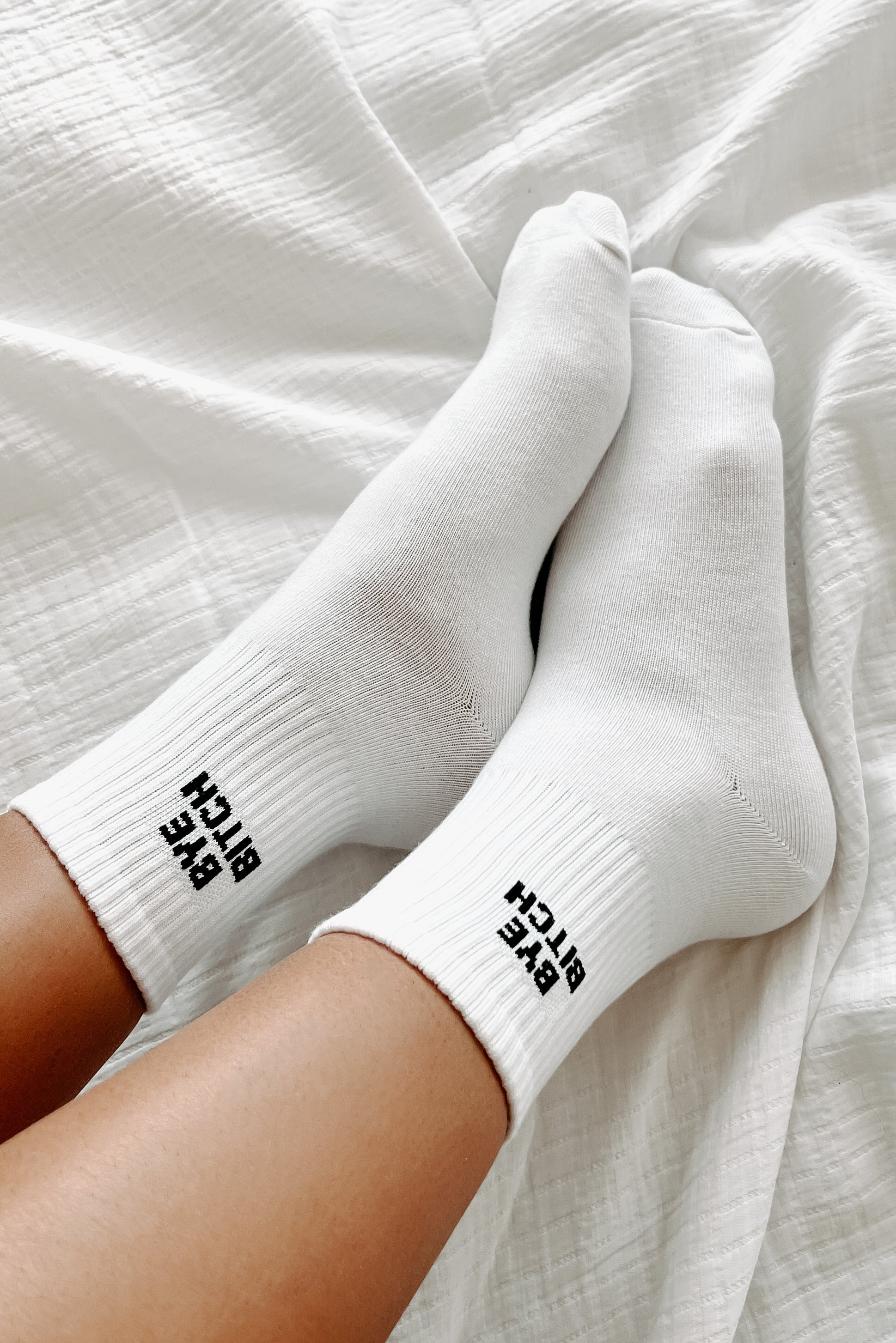 Doorbuster "Bye Bitch" Graphic Crew Socks (White) - NanaMacs